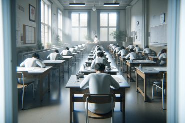Persoane așezate la pupitre individuale într-o sală de clasă luminoasă, aplecate deasupra foilor de examen