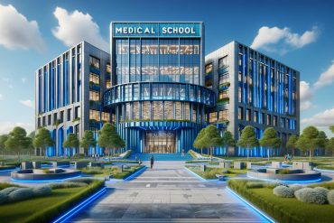 Clădire modernă cu mai multe etaje și inscripția Medical School pe fațadă, înconjurată de spații verzi