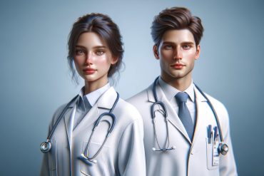 Ilustrație digitală a doi tineri, o femeie și un bărbat, în halate albe cu stetoscoape