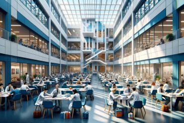 Persoane așezate la mese într-un atrium interior modern, cu mai multe niveluri și acoperiș din sticlă