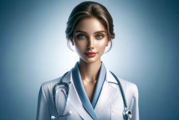 Ilustrație digitală a unei femei tinere în halat medical albastru-alb, cu stetoscop