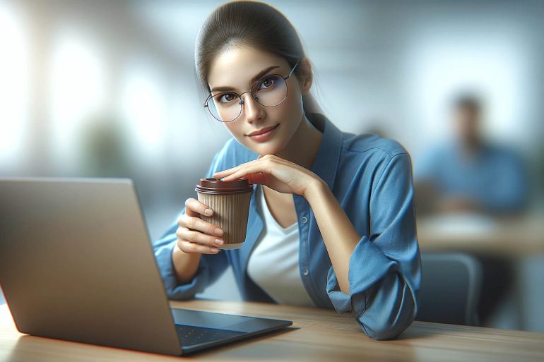 Tânără la birou cu laptop, ținând o cană și zâmbind spre cameră