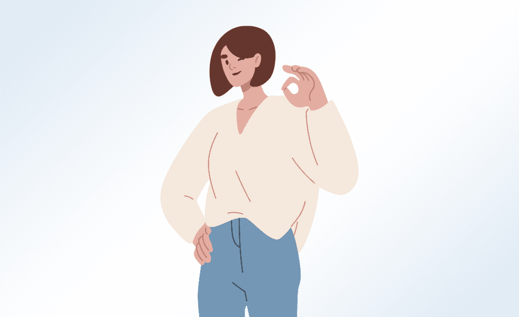 Ilustrație a unei femei cu păr șaten care face semnul OK cu degetele unei mâini