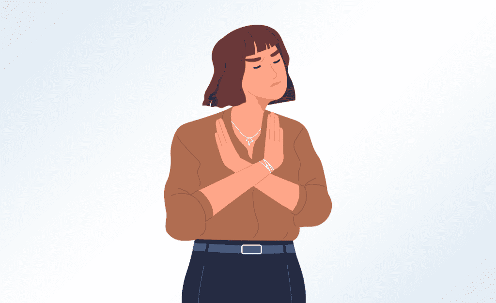 Ilustrație a unei femei cu păr șaten, brațele încrucișate și expresie de nemulțumire pe față