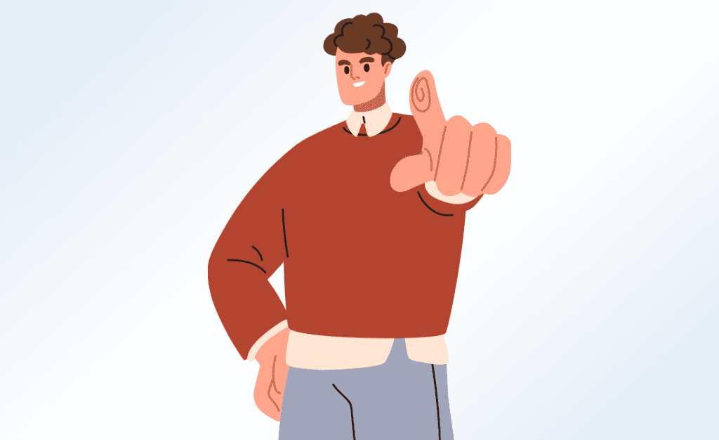 Ilustrație a unui bărbat cu păr creț, într-un pulover cărămiziu, arătând cu degetul arătător spre privitor