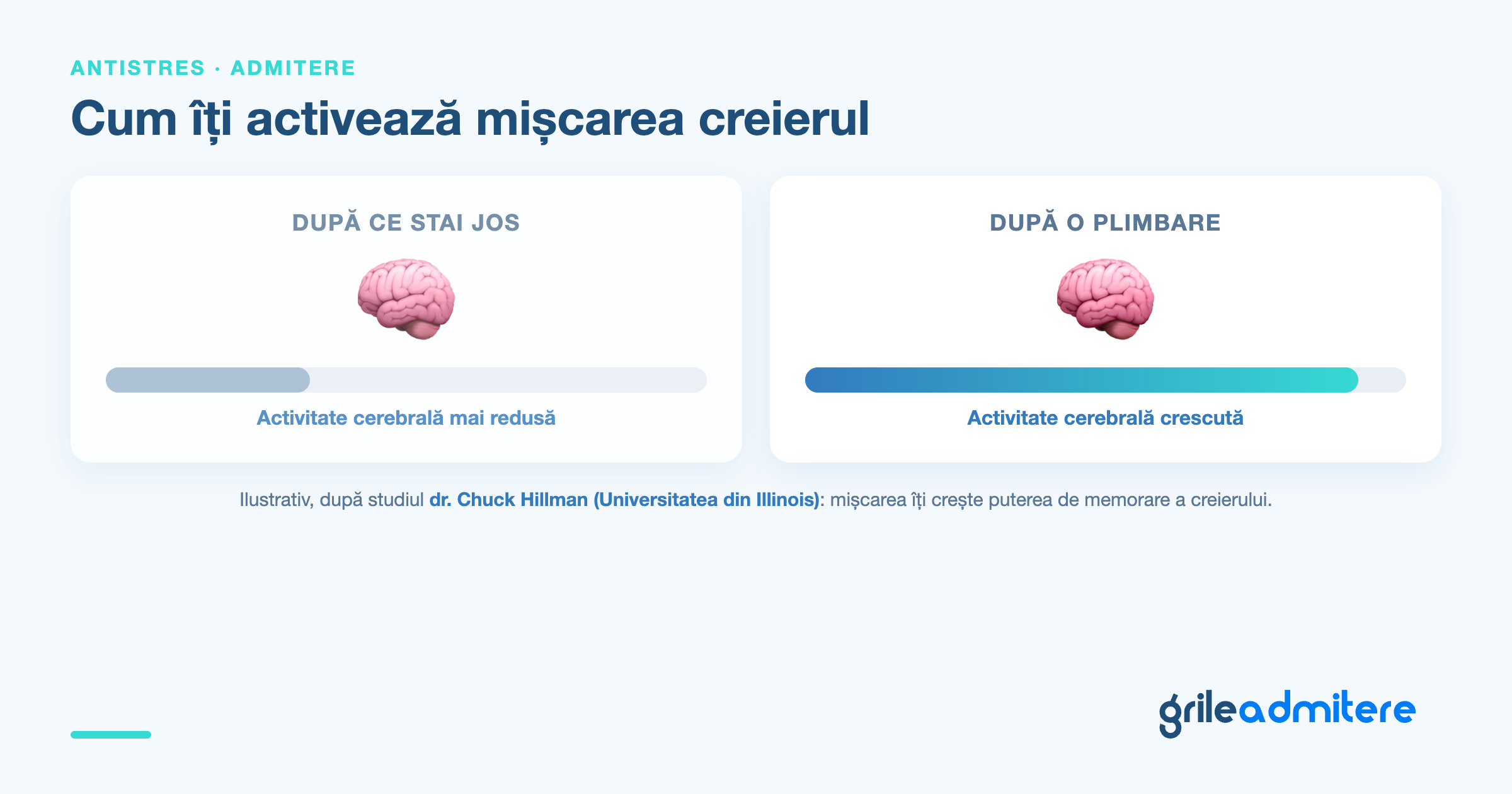 Comparație ilustrativă a activității cerebrale: mai redusă după ce stai jos, crescută după o plimbare